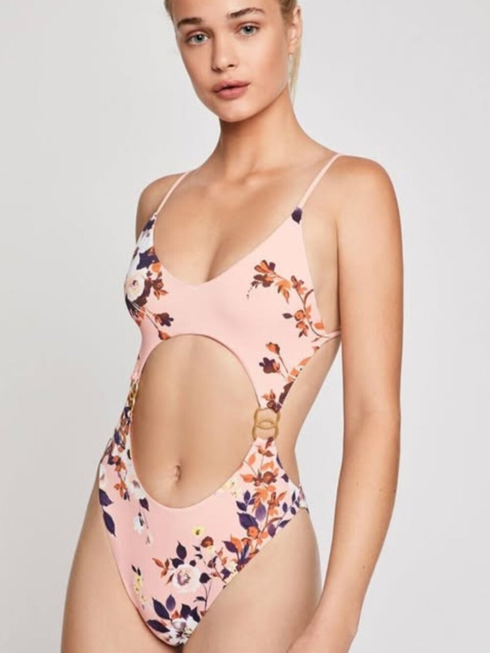 NEW! BCBG Pink Floral Monokini One-Piece Swimsuit Cut Out Racer Back Size S